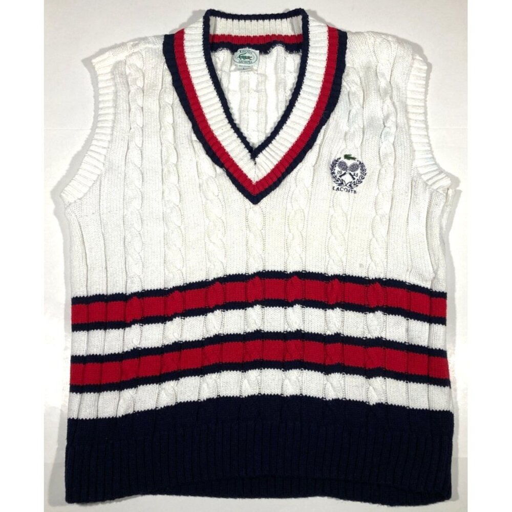 Lacoste Izod Vintage Cable Knit Sweater Vest Large V-Neck Striped Tennis 80s